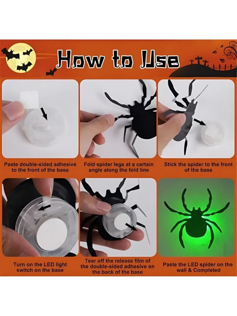 36 Pack Halloween Wall Decor Light up Spiders, Green